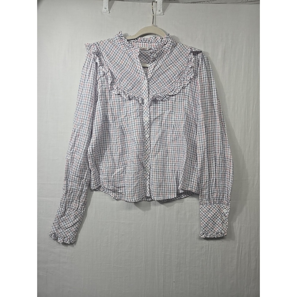FAHERTY Women's Alma sz M modal/linen Western Blouse Ruffle L/S Check‎ Crop Top